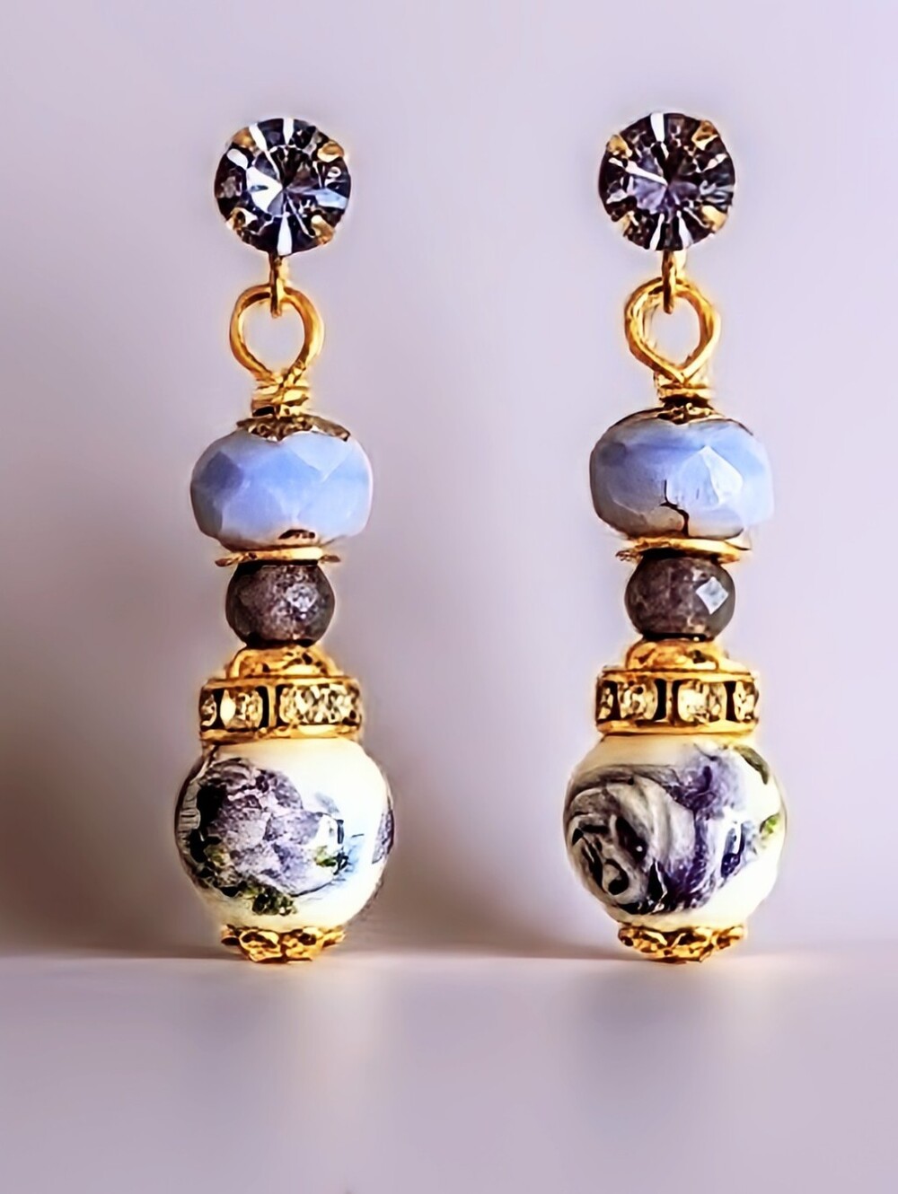 Victorian Purpl Roses Porcelain & Glass In Cottagecore Drop Earrings Gold Plated